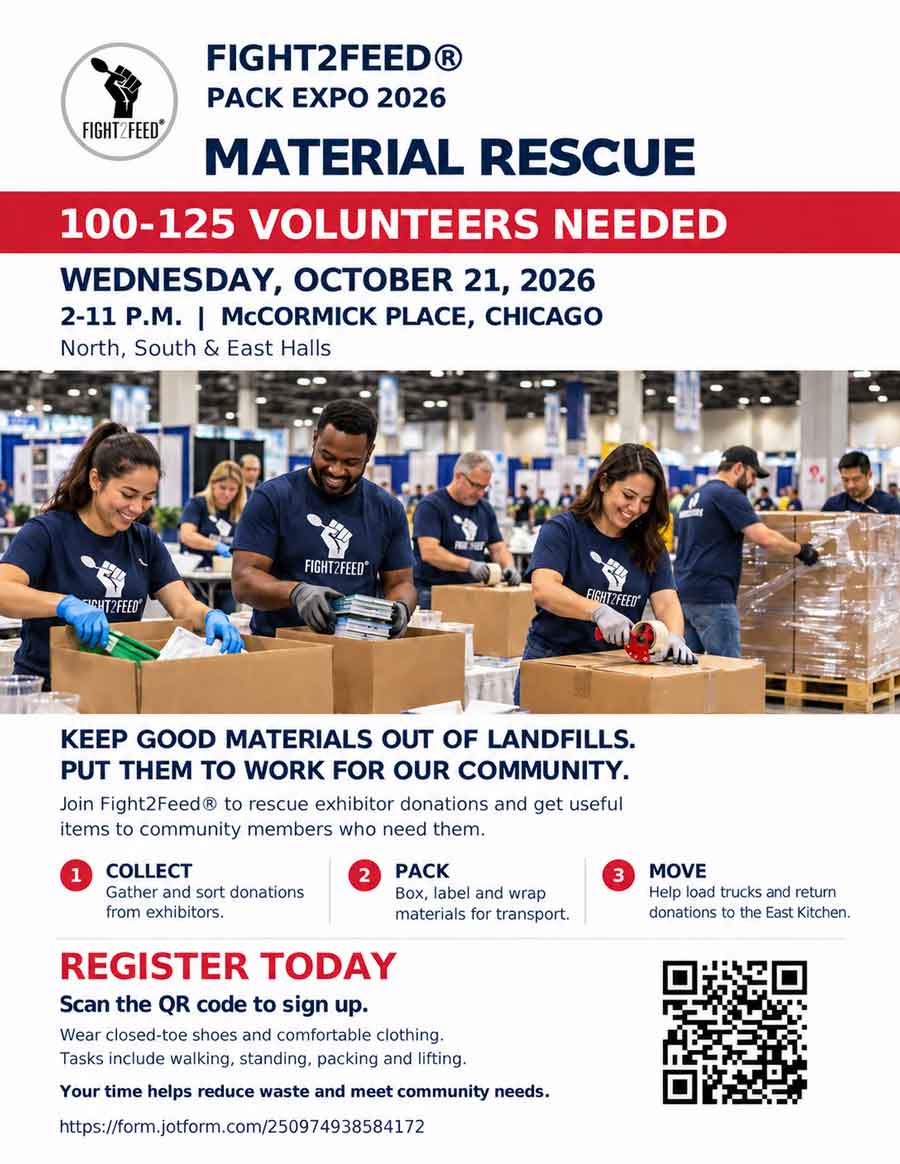 Fight2Feed material rescue flyer for Pack Expo 2026, including event details and a sign-up QR.